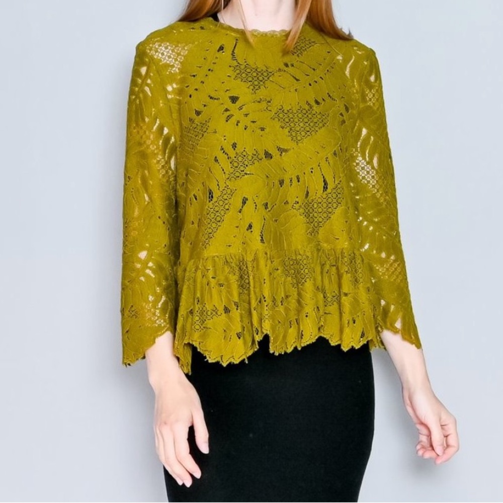 GORMAN Fern Guipure Lace Botanical Top Moss Green Scalloped Raw Edge Cottagegore